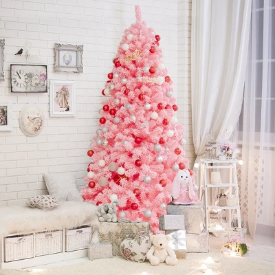 Costway 4.5/6.5/7.5 Ft Snow Flocked Hinged Artificial Christmas Tree W/ Metal Stand Pink 2 Costway 4.5/6.5/7.5 Ft Snow Flocked Hinged Artificial Christmas Tree W/ Metal Stand Pink - Image 2