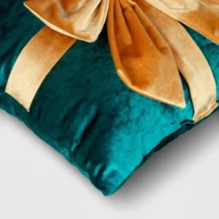 16"x6" Christmas Green Velvet Square Pillow With Teal Bow - Wondershop™ -National Tree Company Store GUEST 12cd500e 851a 448c b5f6 f47520195518
