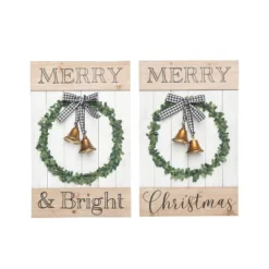 Transpac MDF Holiday Slat Decor With Bell Set Of 2 Christmas Home Decorations For Festive Wood Decor