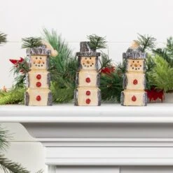 Transpac Small Resin Snowy Wooden Snowman Set Of 3 Christmas Home Decorations For Festive Decor