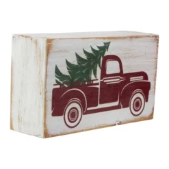 Northlight Wooden Block With Vintage Red Truck And Tree Christmas Decoration - 6"
