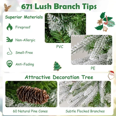 Costway 6/7.5/9 FT Flocked Christmas Tree With 671/913/1310 PE PVC Branch Tips 280/350/470 Warm White LED Lights 7 Costway 6/7.5/9 FT Flocked Christmas Tree With 671/913/1310 PE PVC Branch Tips 280/350/470 Warm White LED Lights - Image 7