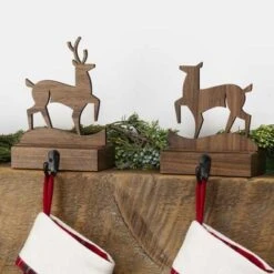 Deer (Set Of 2) Walnut Wood Stocking Hanger | MerryStockings