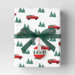 40" 125 Sq Ft Christmas Roll Wrap Trucks And Trees On White - Wondershop™