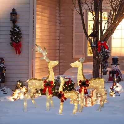 LuxenHome Lighted White & Gold Glitter Deer Family Set, Indoor/Outdoor Christmas Decoration White, Gold, Red, Green 3 LuxenHome Lighted White & Gold Glitter Deer Family Set, Indoor/Outdoor Christmas Decoration White, Gold, Red, Green - Image 3
