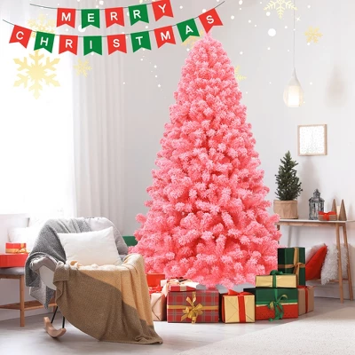 Costway 4.5/6.5/7.5 Ft Snow Flocked Hinged Artificial Christmas Tree W/ Metal Stand Pink 4 Costway 4.5/6.5/7.5 Ft Snow Flocked Hinged Artificial Christmas Tree W/ Metal Stand Pink - Image 4