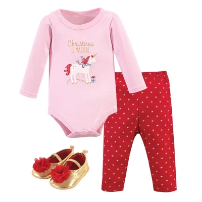 Hudson Baby Infant Girl Cotton Bodysuit, Pant And Shoe 3pc Set, Magical Christmas 4 Hudson Baby Infant Girl Cotton Bodysuit, Pant And Shoe 3pc Set, Magical Christmas - Image 4