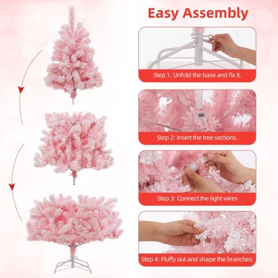 6 Ft Pink Pre-Lit Artificial Christmas Tree Snow Flocked Holiday Hinged Xmas Tree With 250 Multi-Color Led Lights 751 Branch Tips Artificial Pine Chr 4 6 Ft Pink Pre-Lit Artificial Christmas Tree Snow Flocked Holiday Hinged Xmas Tree With 250 Multi-Color Led Lights 751 Branch Tips Artificial Pine Chr - Image 4
