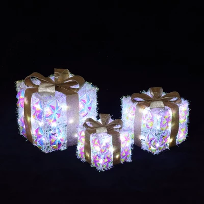 LuxenHome 3-Piece Prism Gift Boxes With Gold Ribbon Holiday Decoration With Lights Multicolored, Gold, White 5 LuxenHome 3-Piece Prism Gift Boxes With Gold Ribbon Holiday Decoration With Lights Multicolored, Gold, White - Image 5