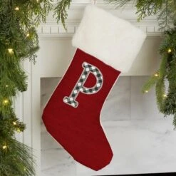 Personalization Mall Farmhouse Initial Red Christmas Stocking, Ivory Faux Fur