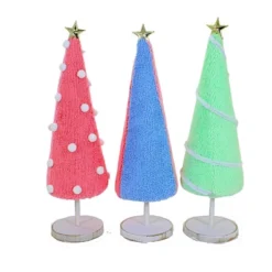 Transpac 11.0 Inch Fabric Punch Needle Tree Set Christmas Decorative Tree Set , Christmas Decor Fabric Wrapped Cone Wooden Base (3PC)