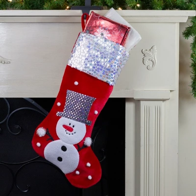 Northlight 20.5" Red And White Snowman Embroidered Christmas Stocking With Sequined Cuff 1 Northlight 20.5" Red And White Snowman Embroidered Christmas Stocking With Sequined Cuff