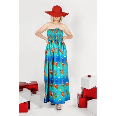 LA LEELA Women's A Line Slit Smocked Maxi Casual Beach Dress Tube Top Evening Long Strapless Christmas Tree Outfits For Women L-XL Blue 1 LA LEELA Women's A Line Slit Smocked Maxi Casual Beach Dress Tube Top Evening Long Strapless Christmas Tree Outfits For Women L-XL Blue