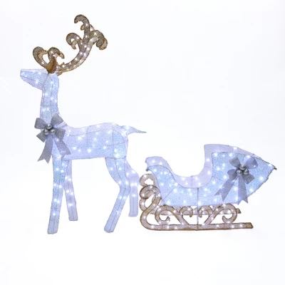 LuxenHome 2-Piece White Reindeer And Sleigh With Silver Bow And Ornaments Outdoor Holiday Decoration With Lights White, Multi, Silver, Brown 8 LuxenHome 2-Piece White Reindeer And Sleigh With Silver Bow And Ornaments Outdoor Holiday Decoration With Lights White, Multi, Silver, Brown - Image 8
