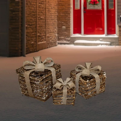 Northlight Lighted Rattan Gift Boxes With Burlap Bows Christmas Decorations - 9" - Set Of 3 1 Northlight Lighted Rattan Gift Boxes With Burlap Bows Christmas Decorations - 9" - Set Of 3