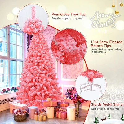 Costway 4.5/6.5/7.5 Ft Snow Flocked Hinged Artificial Christmas Tree W/ Metal Stand Pink 8 Costway 4.5/6.5/7.5 Ft Snow Flocked Hinged Artificial Christmas Tree W/ Metal Stand Pink - Image 8