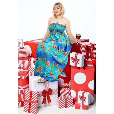LA LEELA Women's A Line Slit Smocked Maxi Casual Beach Dress Tube Top Evening Long Strapless Christmas Tree Outfits For Women L-XL Blue 4 LA LEELA Women's A Line Slit Smocked Maxi Casual Beach Dress Tube Top Evening Long Strapless Christmas Tree Outfits For Women L-XL Blue - Image 4