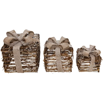 Northlight Lighted Rattan Gift Boxes With Burlap Bows Christmas Decorations - 9" - Set Of 3 2 Northlight Lighted Rattan Gift Boxes With Burlap Bows Christmas Decorations - 9" - Set Of 3 - Image 2