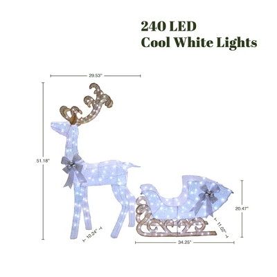 LuxenHome 2-Piece White Reindeer And Sleigh With Silver Bow And Ornaments Outdoor Holiday Decoration With Lights White, Multi, Silver, Brown 1 LuxenHome 2-Piece White Reindeer And Sleigh With Silver Bow And Ornaments Outdoor Holiday Decoration With Lights White, Multi, Silver, Brown