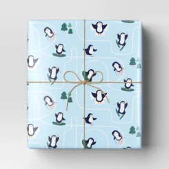40" 125 Sq Ft Christmas Roll Wrap Playful Penguins On Blue - Wondershop™