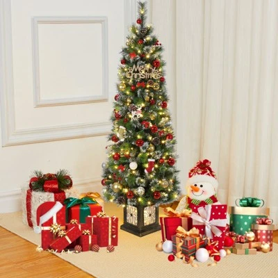 6FT Potted Christmas Tree With 140 Warm LED Lights – Artificial Outdoor Decor For Front Door, Porch, Includes Light Box, Pencil Tree 7 6FT Potted Christmas Tree With 140 Warm LED Lights – Artificial Outdoor Decor For Front Door, Porch, Includes Light Box, Pencil Tree - Image 7