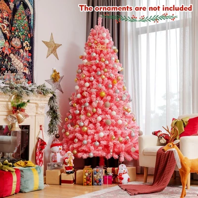 Costway 4.5/6.5/7.5 Ft Snow Flocked Hinged Artificial Christmas Tree W/ Metal Stand Pink 1 Costway 4.5/6.5/7.5 Ft Snow Flocked Hinged Artificial Christmas Tree W/ Metal Stand Pink