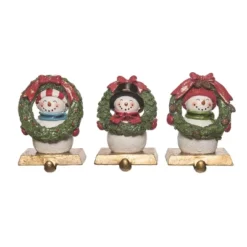 Transpac Set Of 3 Resin Snowman Stocking Holders Christmas Home Decorations For Holiday Cheer