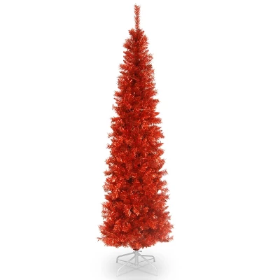 National Tree Company 6' Unlit Red Pencil Slim Tinsel Artificial Christmas Tree 520 Tips 1 National Tree Company 6' Unlit Red Pencil Slim Tinsel Artificial Christmas Tree 520 Tips