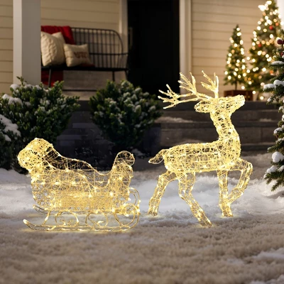 LuxenHome 2-Piece Lighted Reindeer And Sleigh Christmas Yard Decoration, Outdoor Holiday Set With Timer White 2 LuxenHome 2-Piece Lighted Reindeer And Sleigh Christmas Yard Decoration, Outdoor Holiday Set With Timer White - Image 2