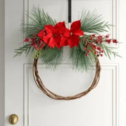 22" Christmas Unlit Asymmetrical Red Poinsettia Wreath - Wondershop™