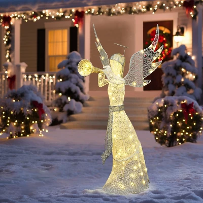 LuxenHome 5Ft Angel Playing Gold Trumpet Outdoor Holiday Decoration With Lights White, Sliver, Gold 3 LuxenHome 5Ft Angel Playing Gold Trumpet Outdoor Holiday Decoration With Lights White, Sliver, Gold - Image 3