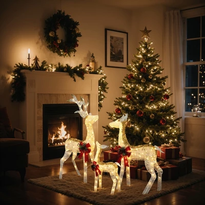 LuxenHome Lighted White & Gold Glitter Deer Family Set, Indoor/Outdoor Christmas Decoration White, Gold, Red, Green 5 LuxenHome Lighted White & Gold Glitter Deer Family Set, Indoor/Outdoor Christmas Decoration White, Gold, Red, Green - Image 5