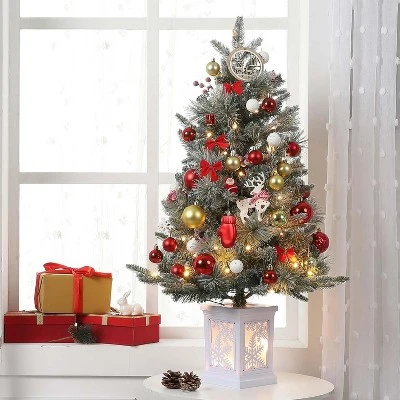 3FT Pre-Lit Artificial Mini Christmas Tree With Snowflake Light Box Base With 78PCS 8 Mode Warm White Light Beads, Red Berry,1PCS 1 3FT Pre-Lit Artificial Mini Christmas Tree With Snowflake Light Box Base With 78PCS 8 Mode Warm White Light Beads, Red Berry,1PCS