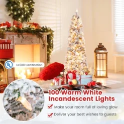 Costway 4.5 FT/6FT/7FT Pre-Lit Slim Christmas Tree Flocked Decoration With Pine Needles & Lights -National Tree Company Store GUEST d6564827 5c3e 411f 9b05 9428ff1fc8cf