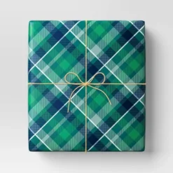 30" 50 Sq Ft Christmas Roll Wrap Green And Navy Plaid - Wondershop™