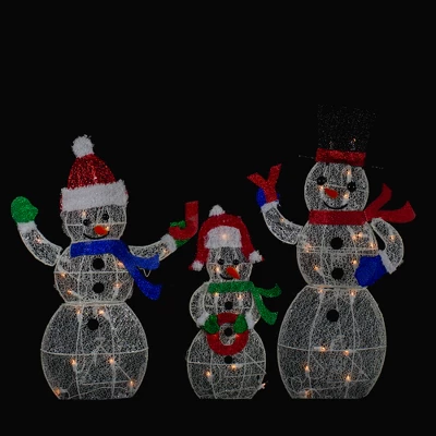Northlight Lighted Glittering Mesh JOY Snowmen Outdoor Christmas Decoration - Warm White -Set 3 1 Northlight Lighted Glittering Mesh JOY Snowmen Outdoor Christmas Decoration - Warm White -Set 3